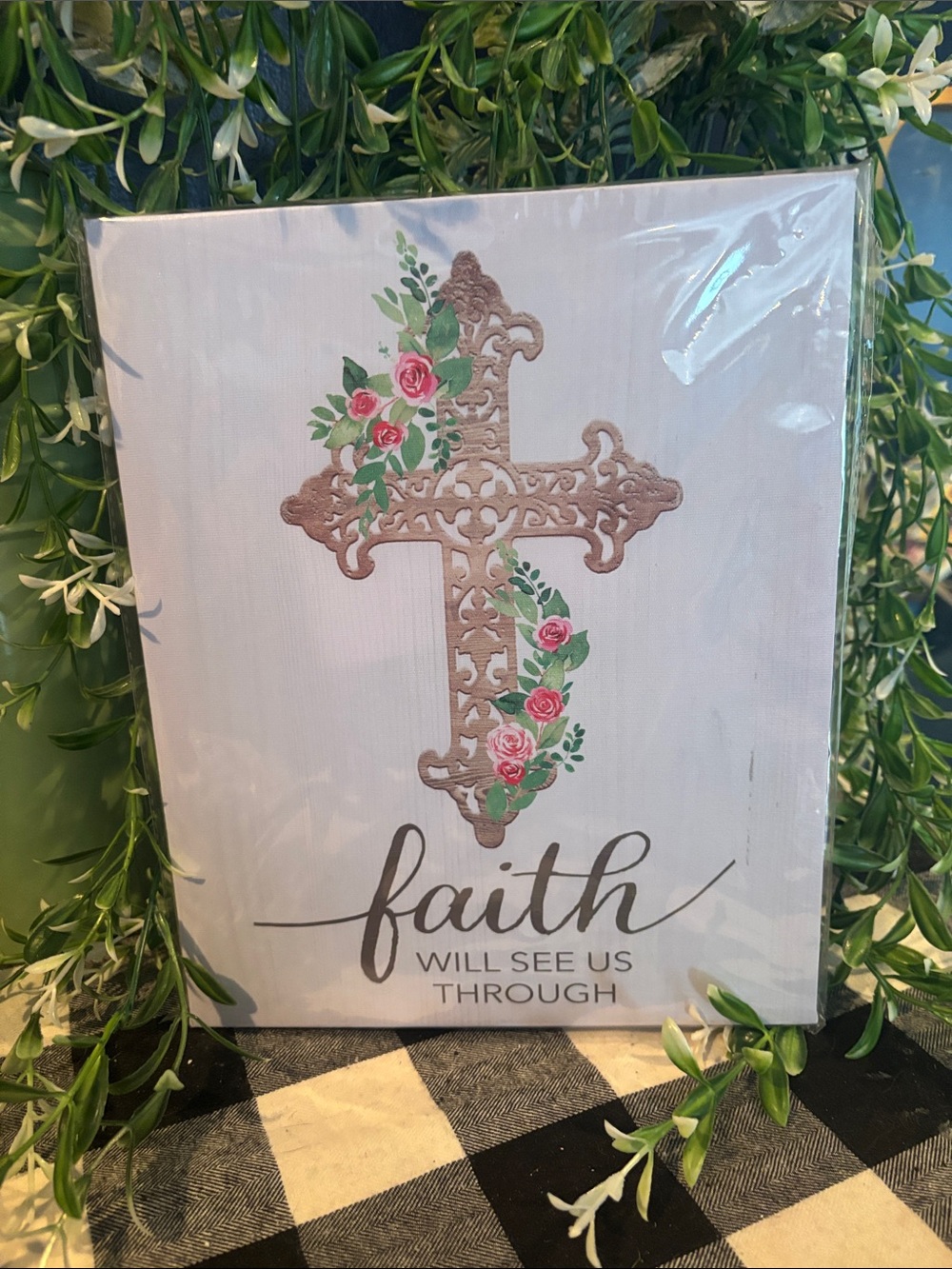 Faith Wall Art with Floral Cross - White and Pink
